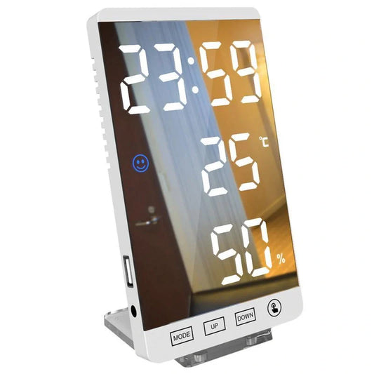 Multifunctional LED mirror electronic alarm clock displaying time, temperature, and humidity