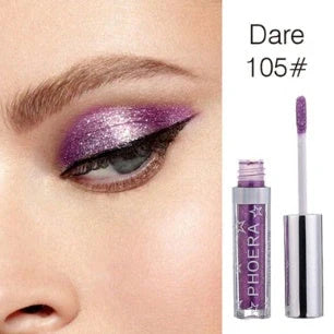 PHOERA Glitter & Glow Liquid Eyeshadow set showcasing 12 vibrant colours with 3D metallic effects
