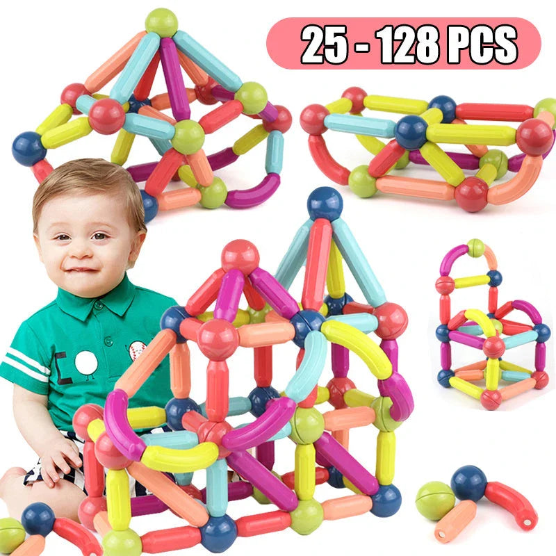 Versatile magnetic construction set with various building blocks and rods, allowing children to create imaginative structures and models