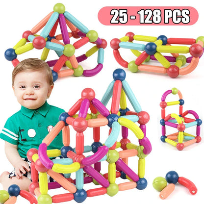 Versatile magnetic construction set with various building blocks and rods, allowing children to create imaginative structures and models