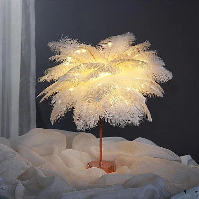 Elegant feather lamp with a vintage-inspired Scandinavian design, featuring adjustable lighting and versatile power options.