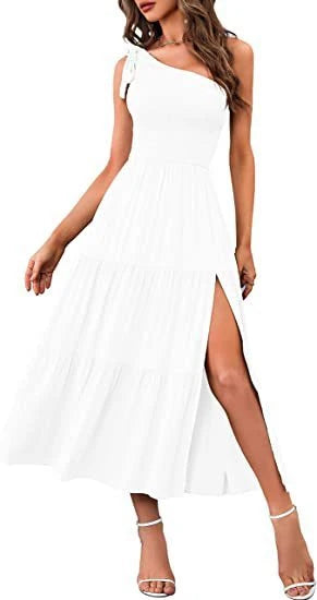 Stylish one-shoulder dress with pleated details, asymmetrical hemline, and leg-baring side slit in various colors
