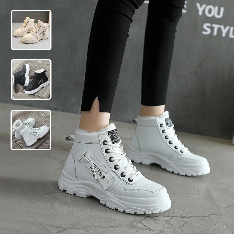 Winter fleece lace-up boots with artificial short plush lining in black, khaki, and white