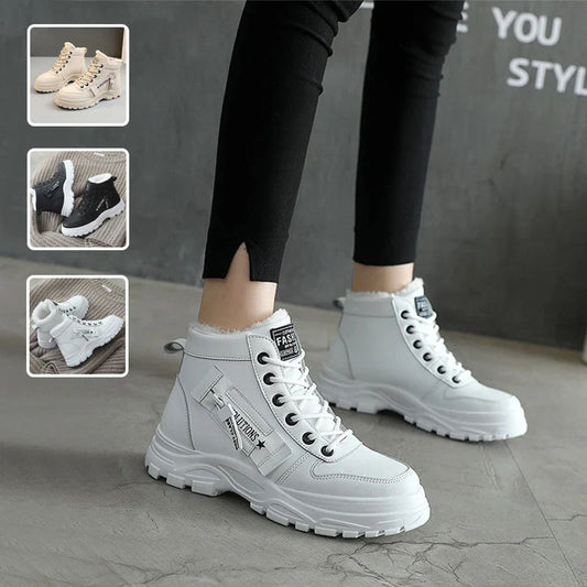 Winter fleece lace-up boots with artificial short plush lining in black, khaki, and white
