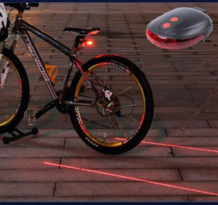 Bicycle tail light with 5 LED lights and 2 laser beams for enhanced visibility and safety on the road