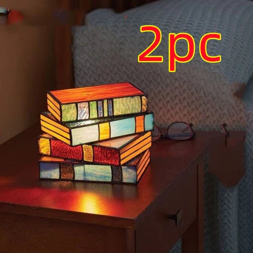 Elegant stacked book lamp with warm, ambient lighting for a cozy reading nook