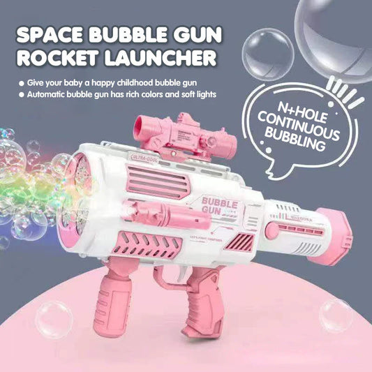 Automatic bubble blaster toy with rocket-shaped design, producing a cloud of colorful bubbles