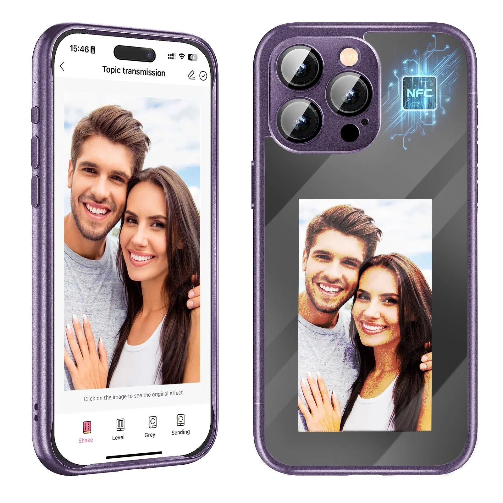 Custom NFC Ink Screen Flip Phone Case for iPhone 15 Pro and Pro Max in black and purple