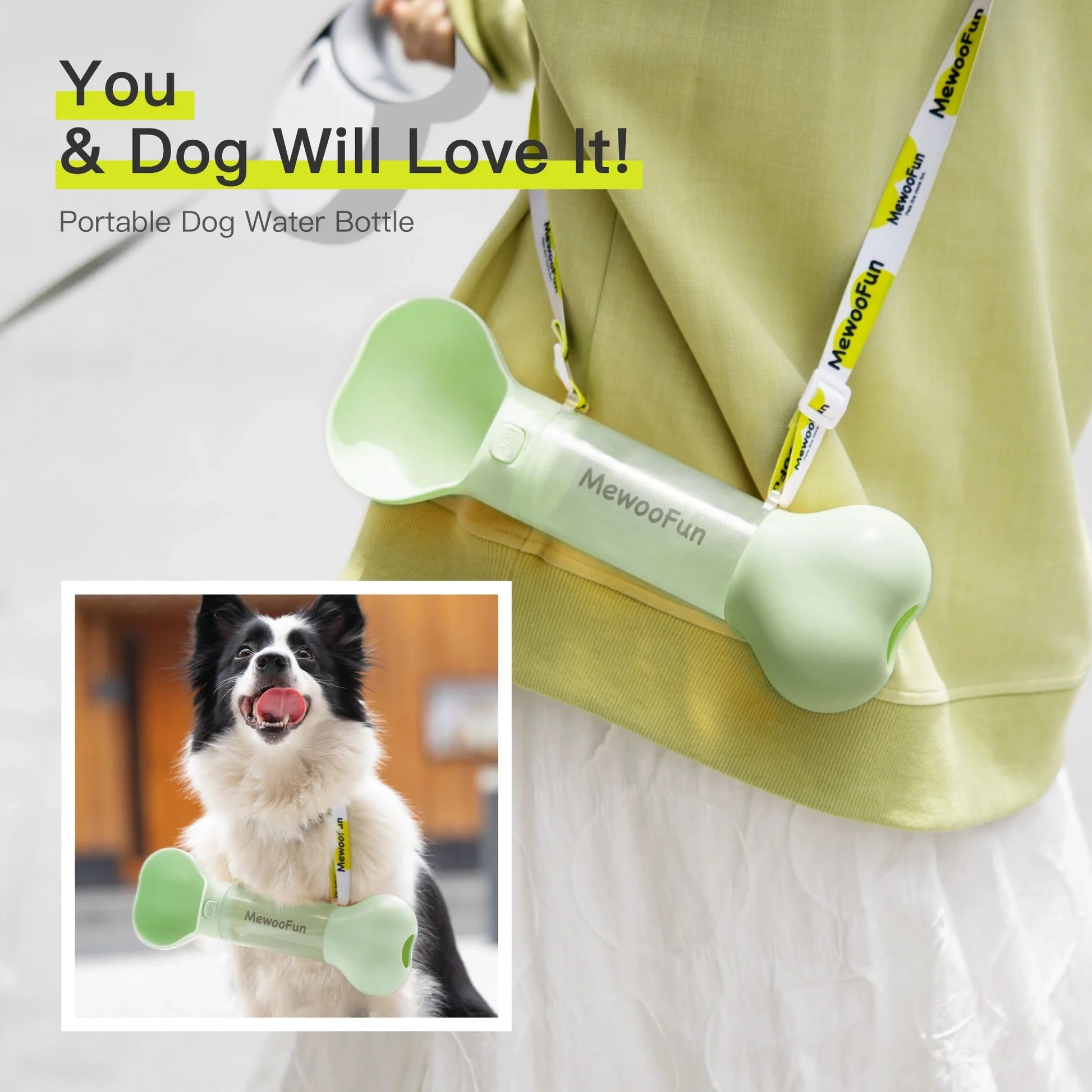 Mewoofun 2-in-1 leak-proof pet water bottle with adjustable strap and poop bag storage