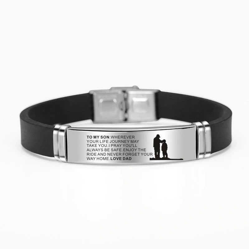 Engraved Mom Dad To Daughter Son Stainless Steel Silicone Bracelet - Silver