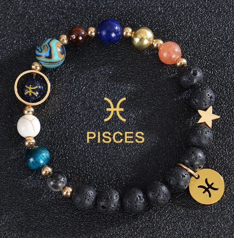Frosted Stone Beaded Zodiac Bracelet featuring detailed zodiac signs on natural stone beads