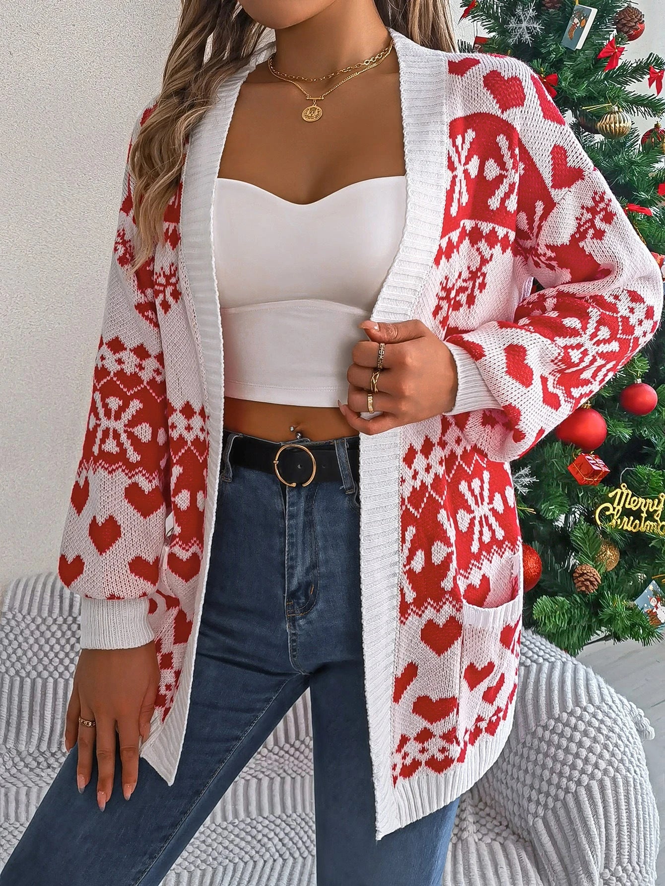 Women's open-front deer print cardigan sweater with lantern sleeves in red, green, and white colors