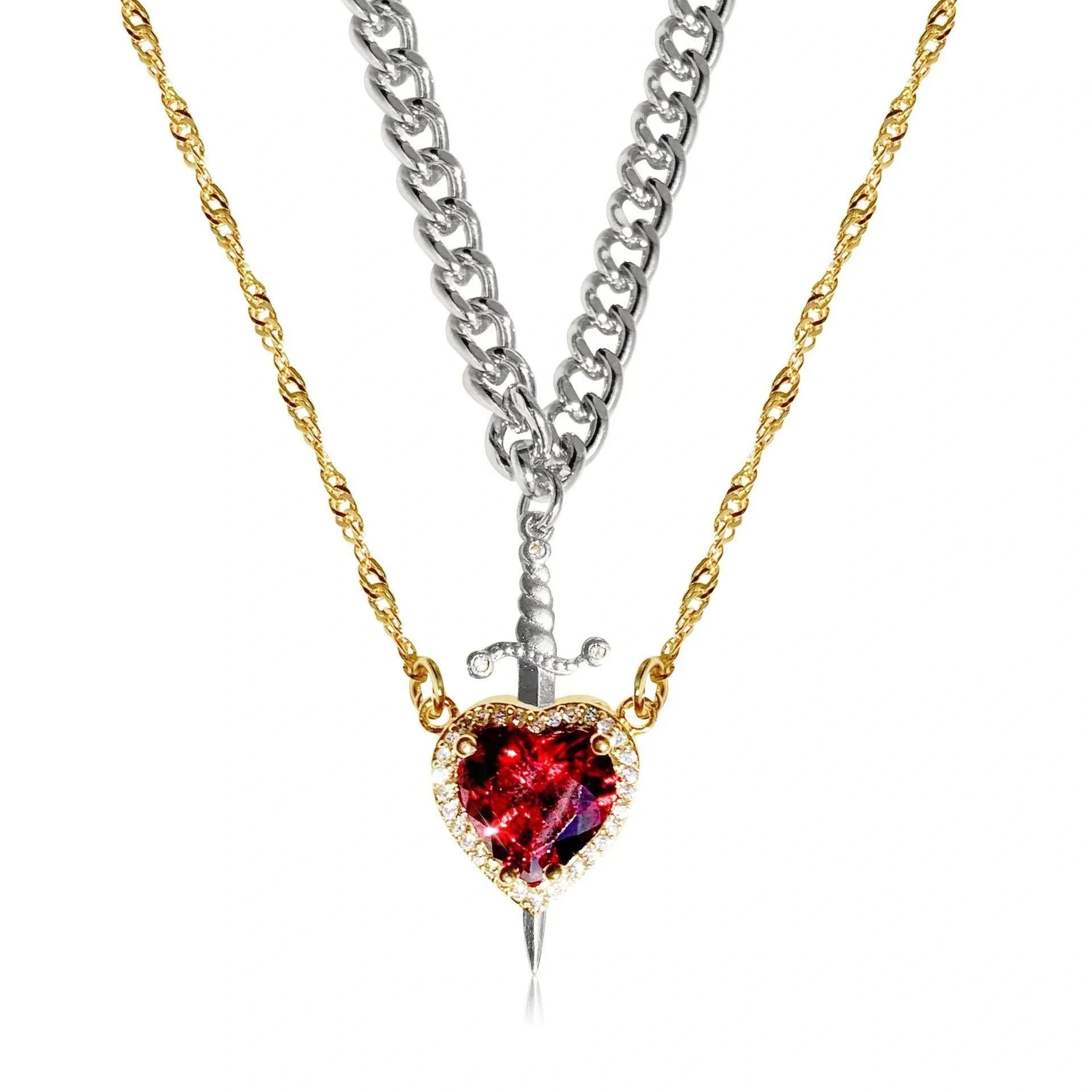 Exquisite Heart and Sword Couple Necklaces in gold and silver, symbolising love and protection