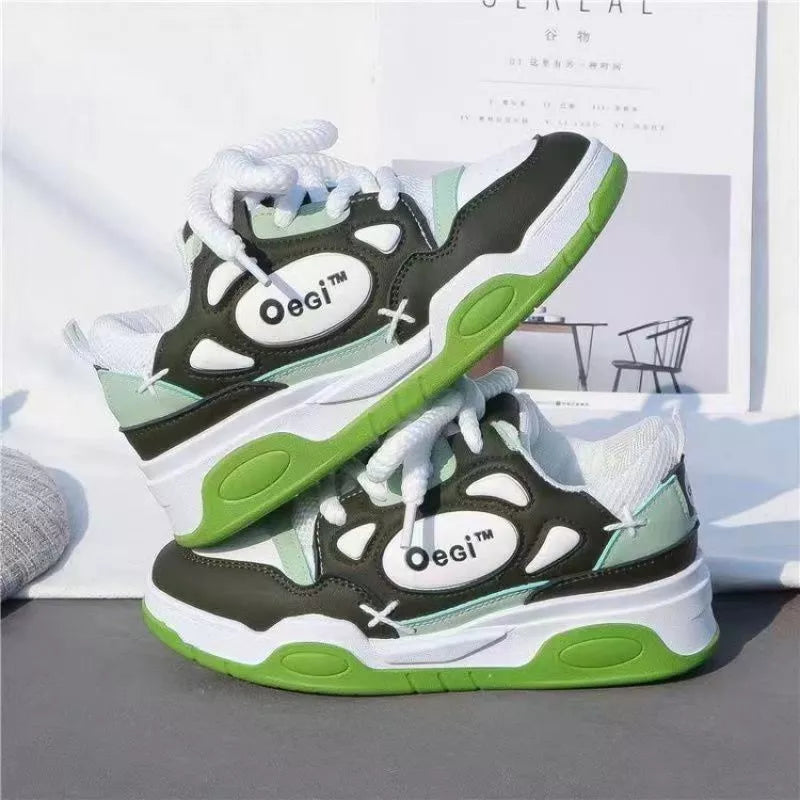 Women's round toe mid heel sneakers with muffin bottom design in black and fluorescent green