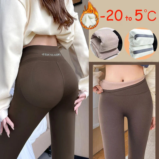 Winter fleece leggings with high waist and tummy control in black, grey, and brown