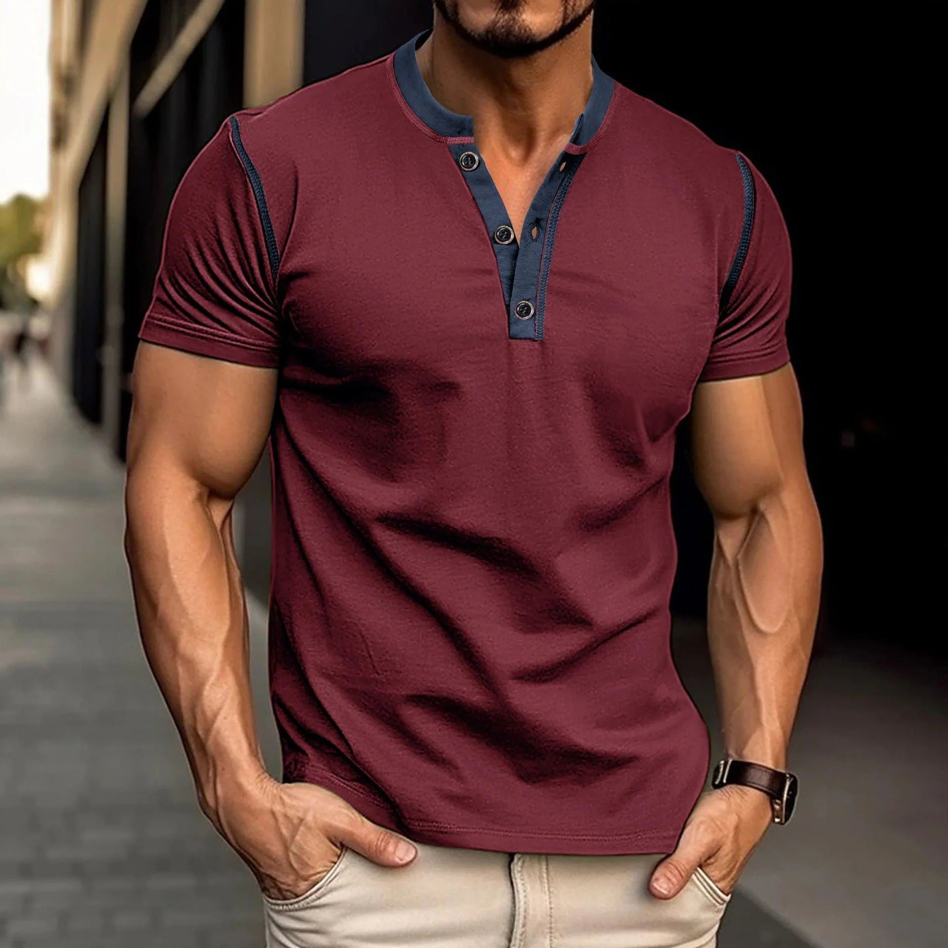 Men's short-sleeved polo shirt in various colours with V-neck design