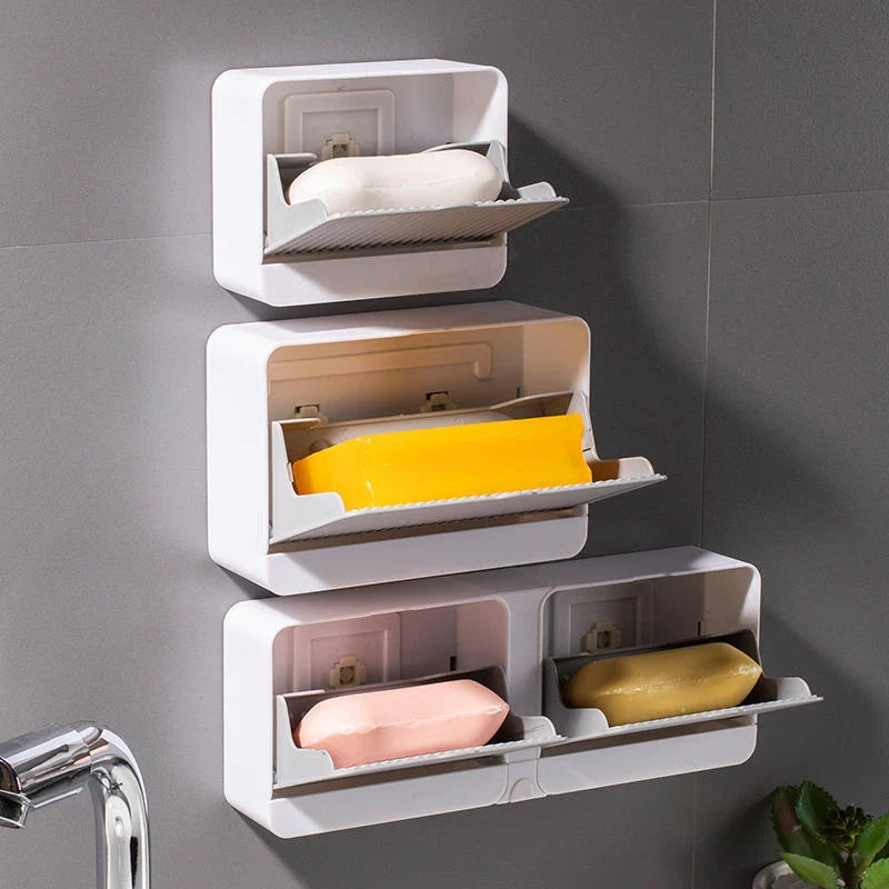 Wall-mounted bathroom storage organizer made of durable iron with compartments for storing bath essentials like sponges, soap, brushes, and towels