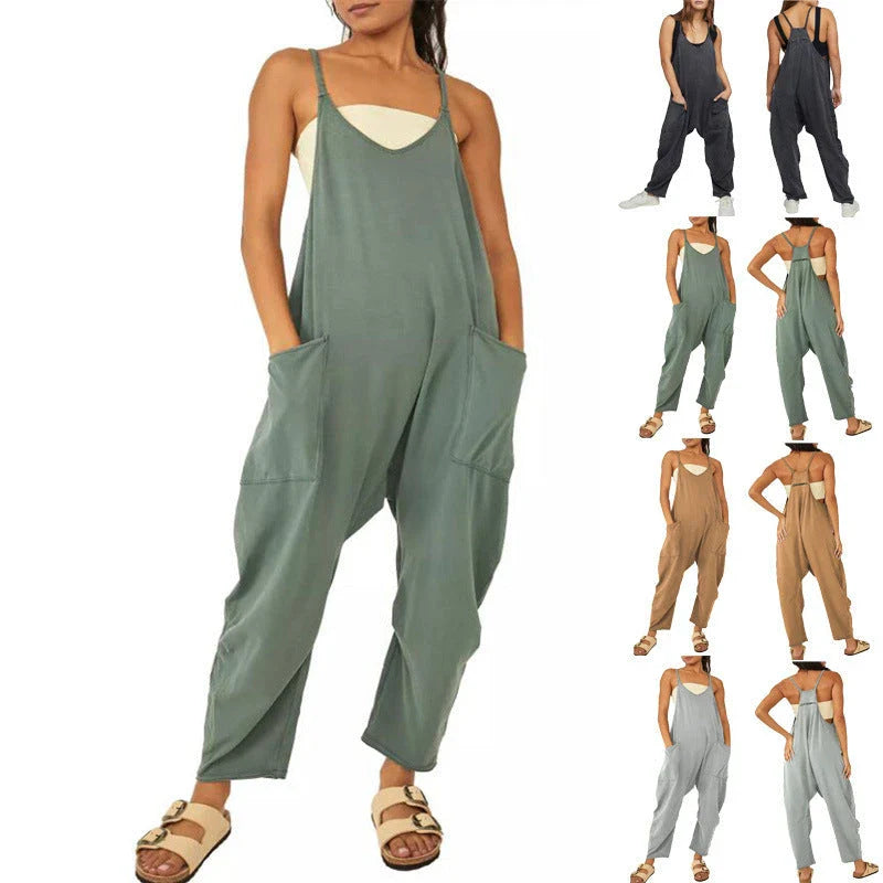Sleeveless jumpsuits for women in a variety of colors, including black, gray, green, brown, orange-red, light blue, purple, and dark gray