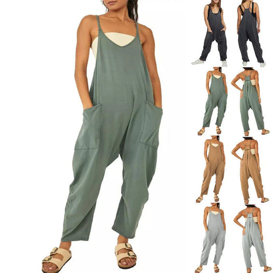 Sleeveless jumpsuits for women in a variety of colors, including black, gray, green, brown, orange-red, light blue, purple, and dark gray