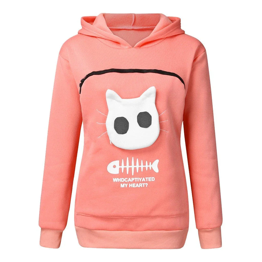 A stylish hooded jumper with a unique cat-themed pocket design, made from premium cotton fabric.