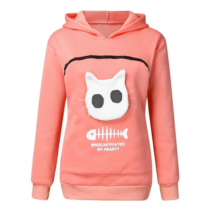A stylish hooded jumper with a unique cat-themed pocket design, made from premium cotton fabric.