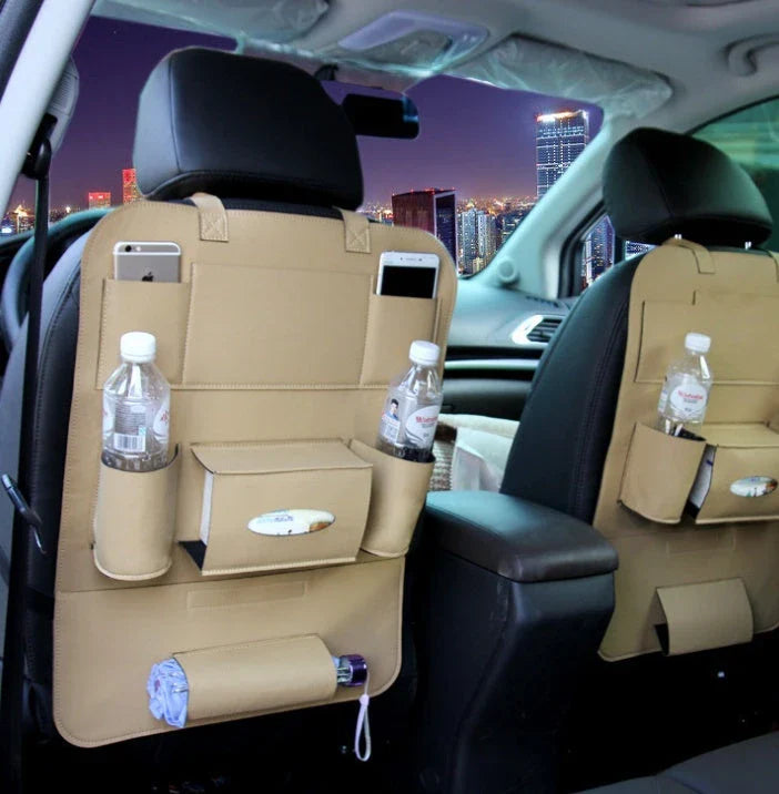 Premium leather car seat organisers with ample storage space for drinks, phones, pens, and other essentials, designed for UK drivers