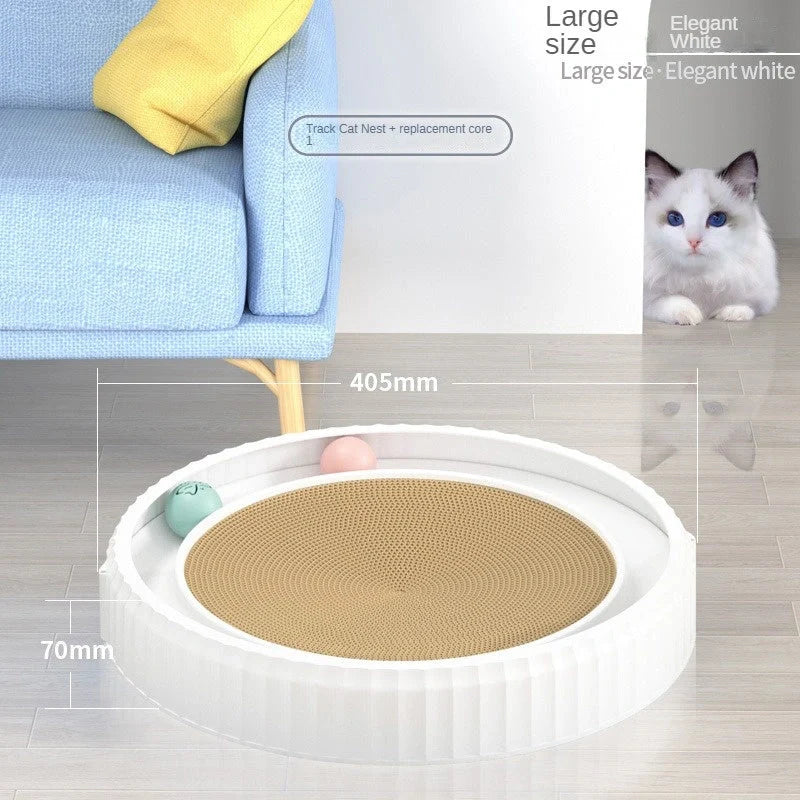 Round cat scratching board with toy ball, protects furniture from scratches