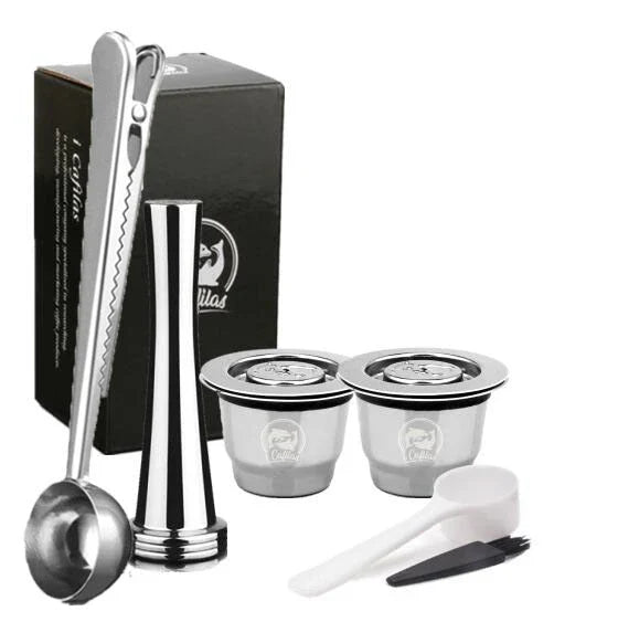 Premium stainless steel coffee capsule holder with integrated tamper for easy organization and perfect espresso extraction