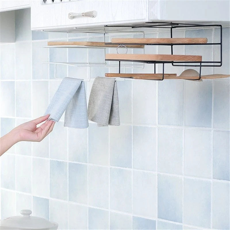 Double layer iron kitchen towel rack for durable storage of chopping boards and rags