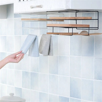 Double layer iron kitchen towel rack for durable storage of chopping boards and rags