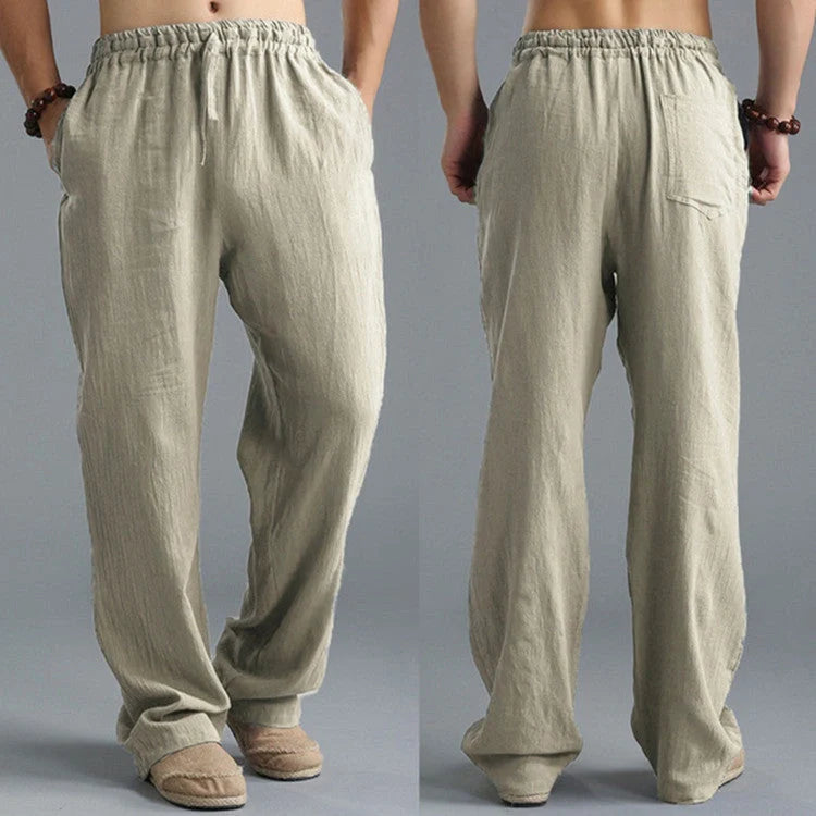 Men's breathable linen loose-fit sports pants in khaki, black, light blue, and off-white