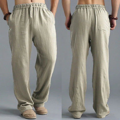 Men's breathable linen loose-fit sports pants in khaki, black, light blue, and off-white