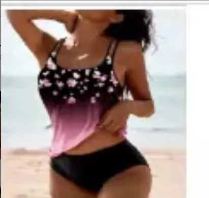 Vintage Printed Split High Waist Conservative Swimwear in black, pink, and grey green