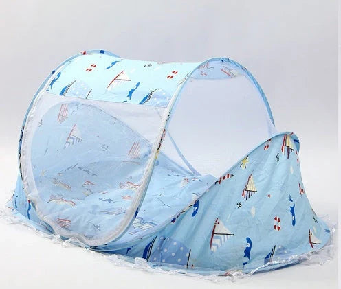 Foldable baby mosquito net bed with soft mattress and pillows, providing a safe and comfortable sleeping environment for infants and toddlers.