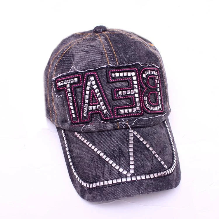 Stylish Korean denim baseball cap with sparkling rhinestones for spring fashion