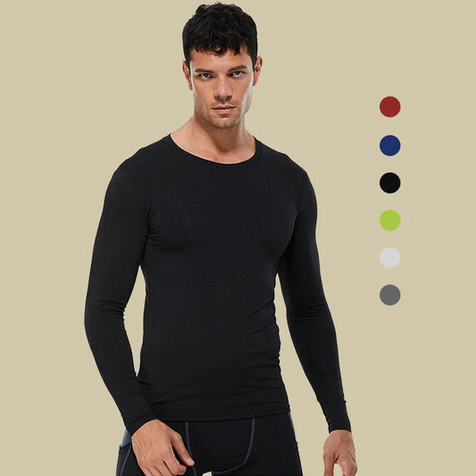 Premium men's long sleeve compression workout shirt in black, white, gray, green, blue, and red colors