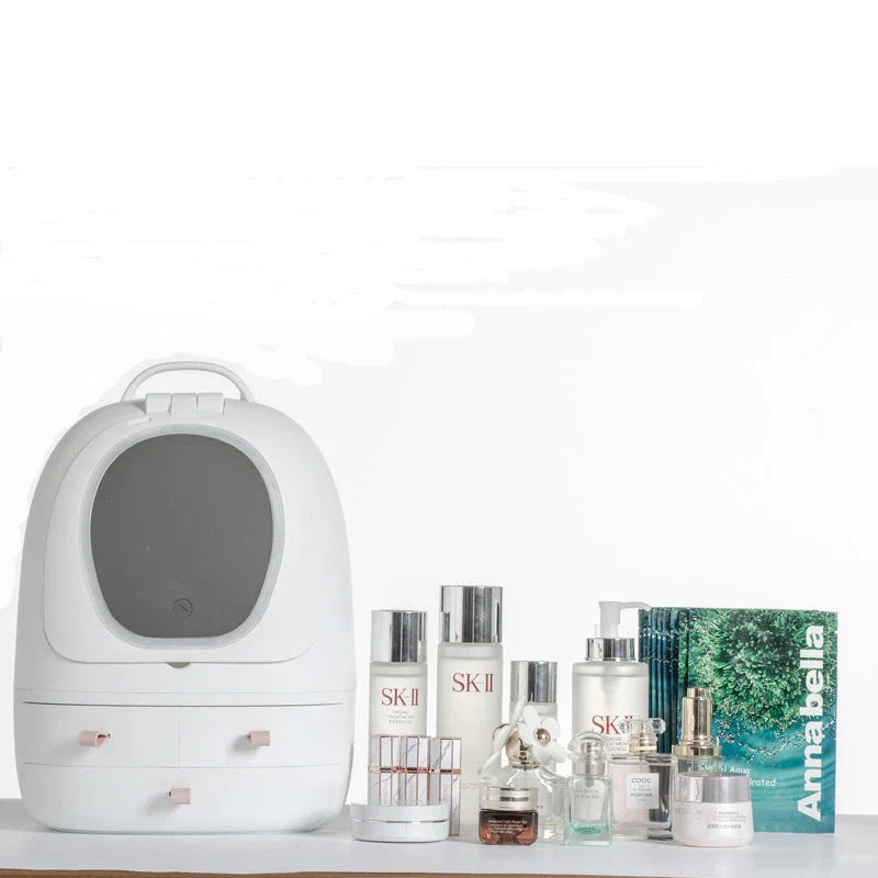 Luxury USB-powered cosmetic storage organiser with adjustable double-sided makeup mirror for a flawless beauty routine