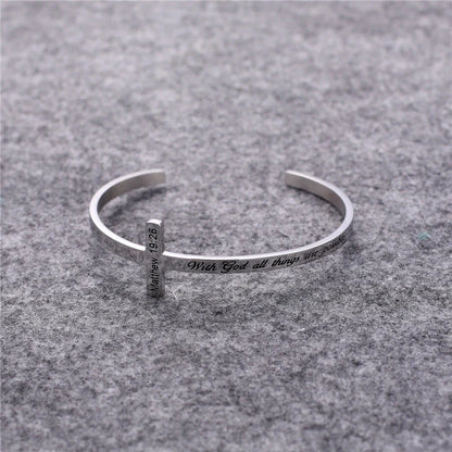 Titanium steel bracelet with scripture cross lettering in silver