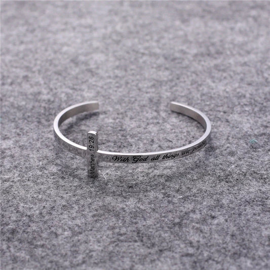 Titanium steel bracelet with scripture cross lettering in silver