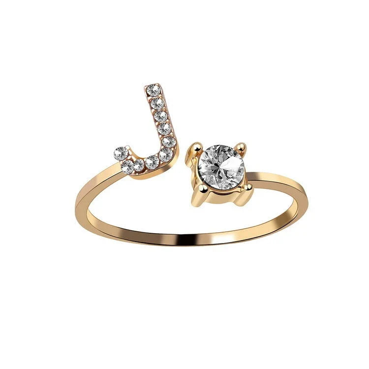 Customizable adjustable ring with 26 letters for women, featuring zircon stones and copper alloy construction