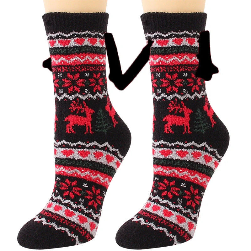 Christmas couple socks with magnetic suction feature for hand holding, festive 3D animal patterns