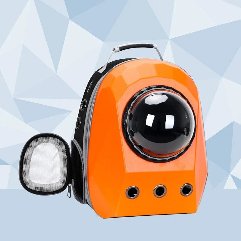Space capsule style cat carrier backpack with transparent window and ventilation holes