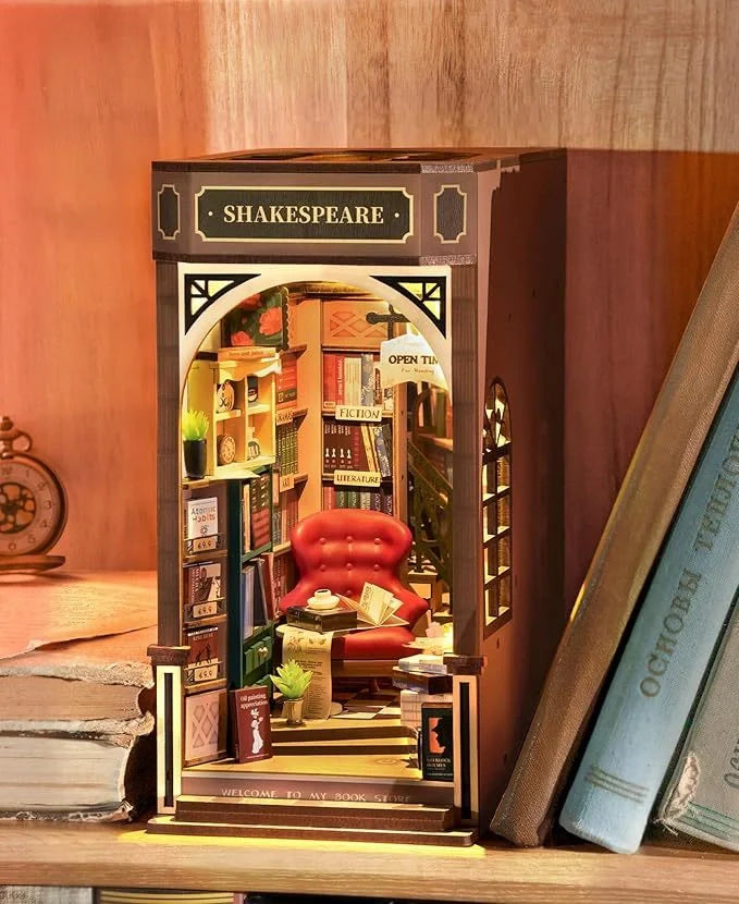 ROBOTIME Rolife DIY Book Nook Kit with LED Light, a decorative 3D puzzle for bookshelves