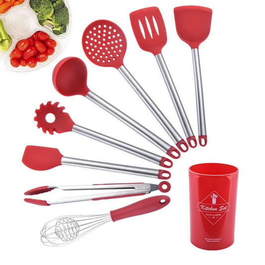 Premium silicone kitchen tool set with stainless steel handles, including various cooking and baking utensils
