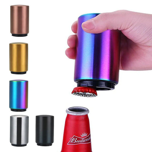 Portable magnetic automatic beer bottle opener in brushed stainless steel finish