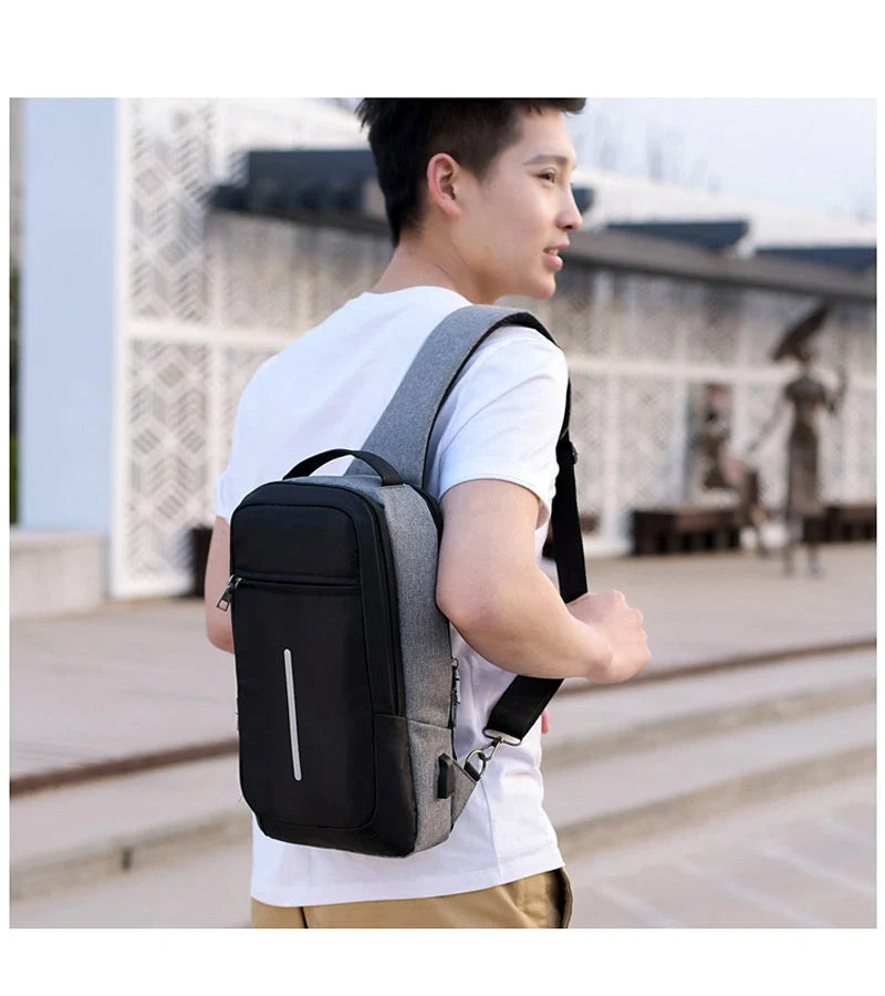 Anti-theft USB charging chest bag in polyester with laptop pocket