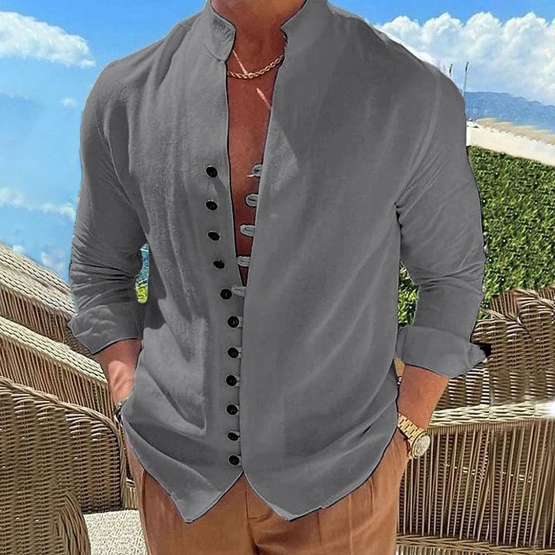 Men's retro button design long-sleeved shirt in various colours