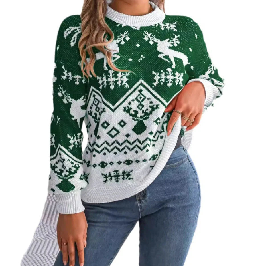 2025 Autumn Winter Deer Pattern Long Sleeve Hoodie for Women in red and green