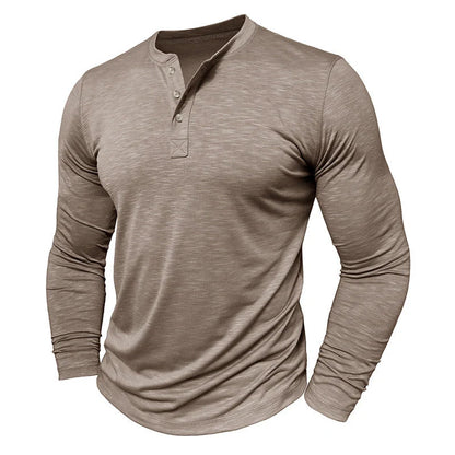 Men's Long-sleeved Henry Collar T-shirt in slub cotton, available in multiple colours
