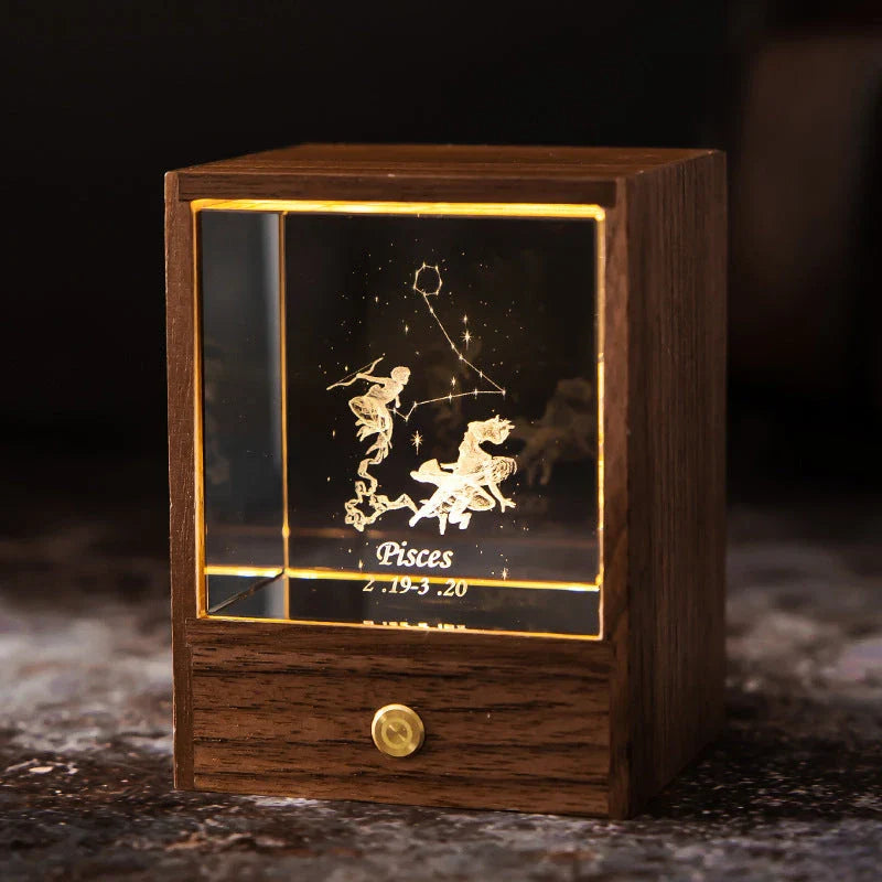 Constellation LED Table Lamp with black walnut base and 3D crystal ball, creating a starry night effect in the bedroom